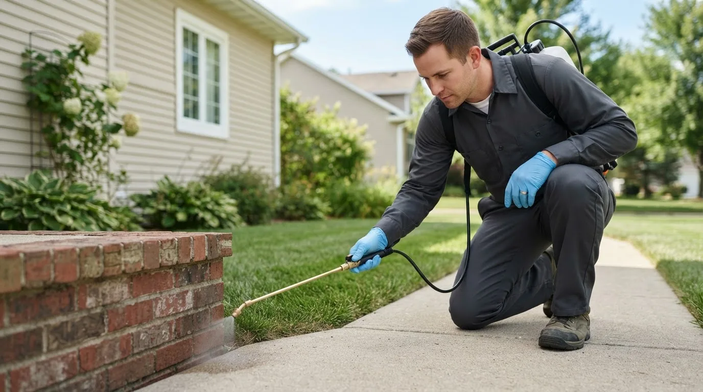 Pest control technician treating a home near Hume, CA
